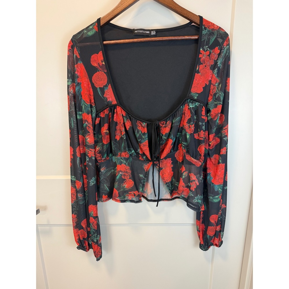 Pretty Little Thing Black‎ Red Floral Corset Peplum Blouse Size 10 Whimsigoth